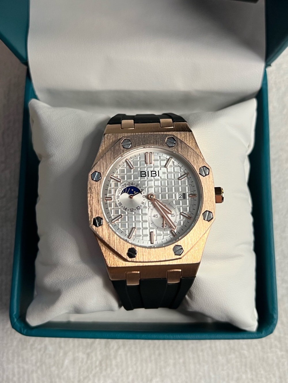 BiBi Rose Gold Tone Watch with White Dial and Black Strap 41.5mm
